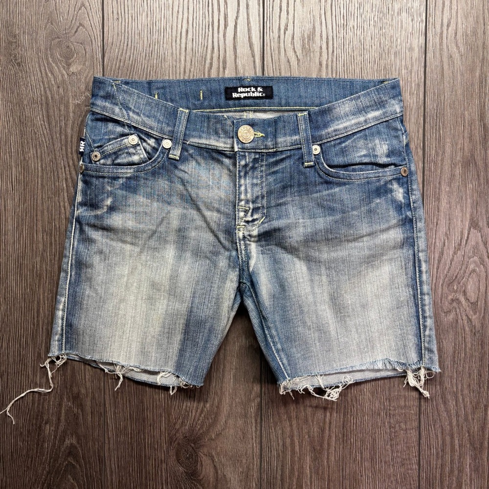 Rock & Republic Banchee Blue Denim Cutoff Shorts Women 26 Low Rise Light Wash